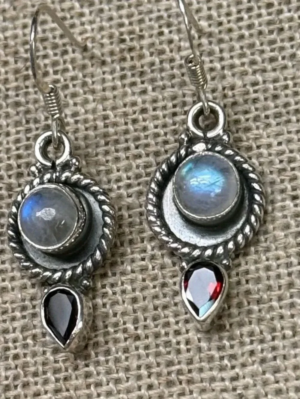 Sterling Silver Artisan Sri Lankan Moonstone & Mozambique Garnet Earrings
